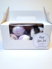 A bath set in a white box scented in lavender 