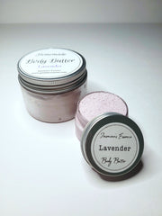 Light purple colored Body butter in 4oz and 1oz containers with a label that reads “Homemade body butter” in lavender