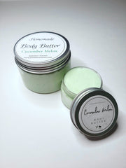 Light Green colored Body butter in 4oz and 1oz containers with a label that reads “Homemade body butter” in cucumber melon