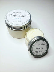 Ivory colored Body butter in 4oz and 1oz containers with a label that reads “Homemade body butter” in Vanilla