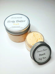 Light peach colored Body butter in 4oz and 1oz containers with a label that reads “Homemade body butter” in Peach