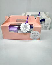 A bath set in a pink box scented in lavender 